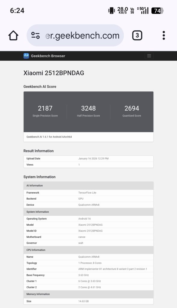 Xiaomi 17 Ultra Standard variant Geekbench