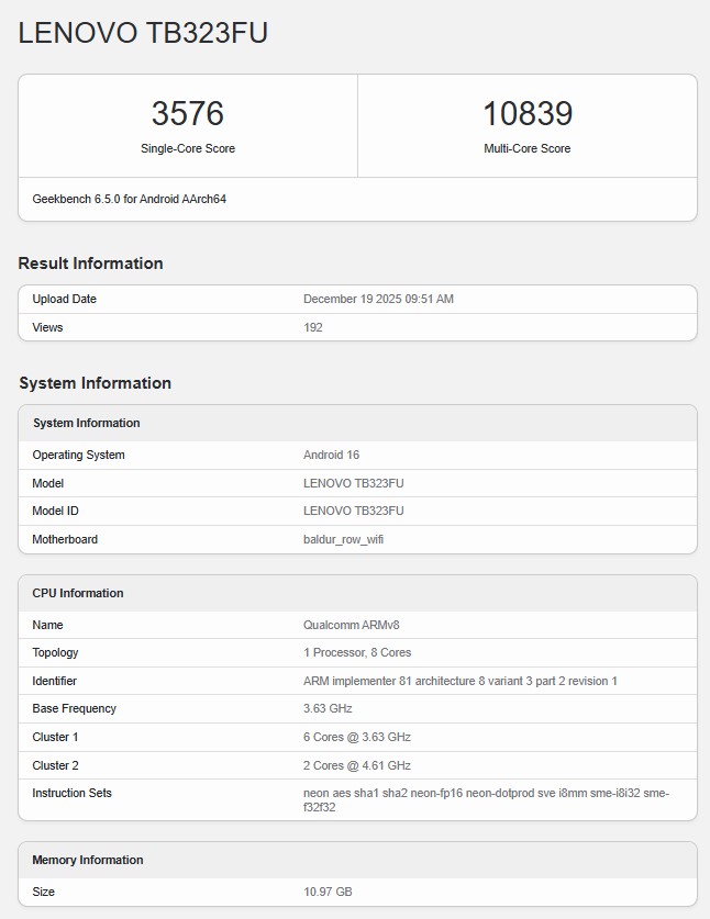 Lenovo TB323FU Geekbench