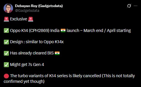 Oppo K14 - India Launch Tipped