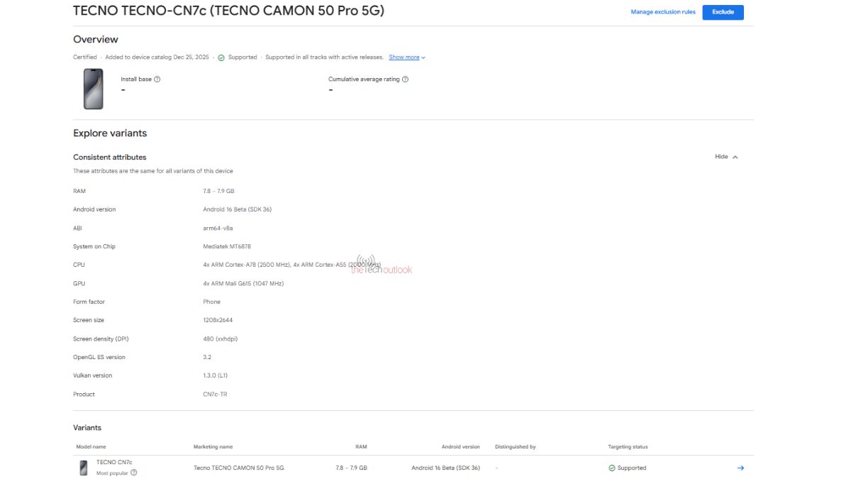 Tecno Camon 50 Pro 5G - Google Play COnsole