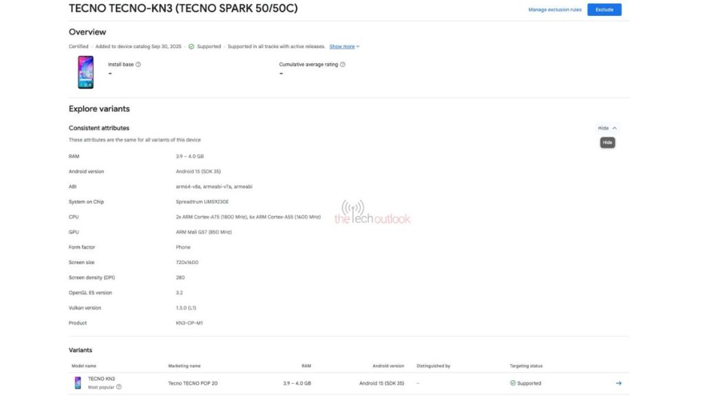 Tecno Spark 50/50C spotted on Google Play Console.jpg
