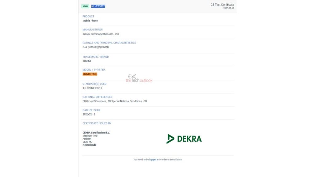Xiaomi 17T Derka Certficiation