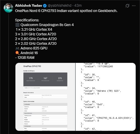 OnePlus Nord 6 Indian Variant Geekbench