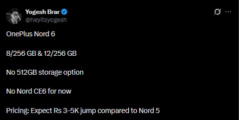 OnePlus Nord 6 - Pricing and memory Options