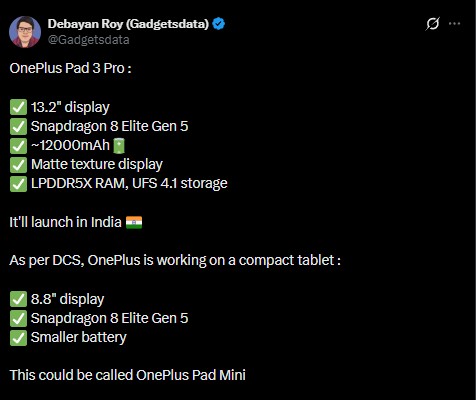 OnePlus Pad 3 Pro - Details via Gadgetsdata on X