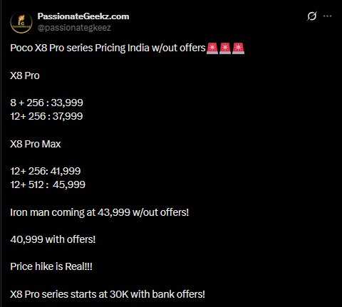 Poco X8 Pro Series - Indian Pricing via Paras Guglani