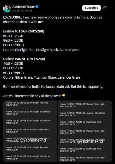 Realme 16T 5G and Realme P4R 5G - India Launch Tipped