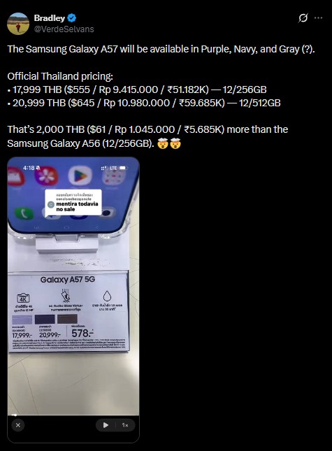 Samsung Galaxy A57 5G - Thailand's Pricing reveald
