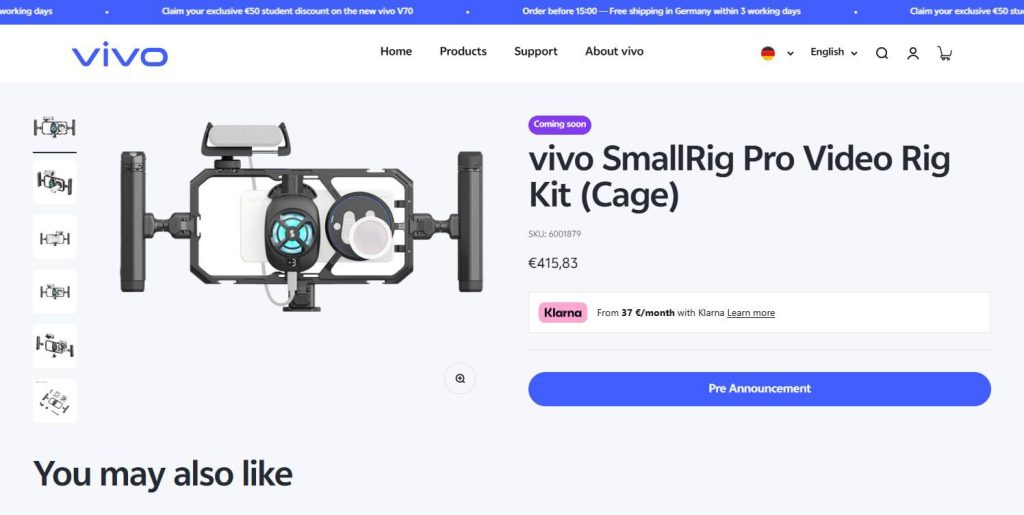 Vivo SmallRig Pro Video Rig Kit (Cage) - EU Pricing Leaked via Vivo Shop