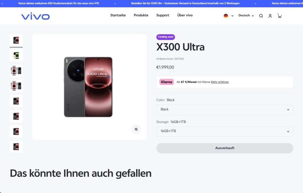 Vivo X300 Ultra Product Listing - EU Pricing Leaked via Vivo Shop