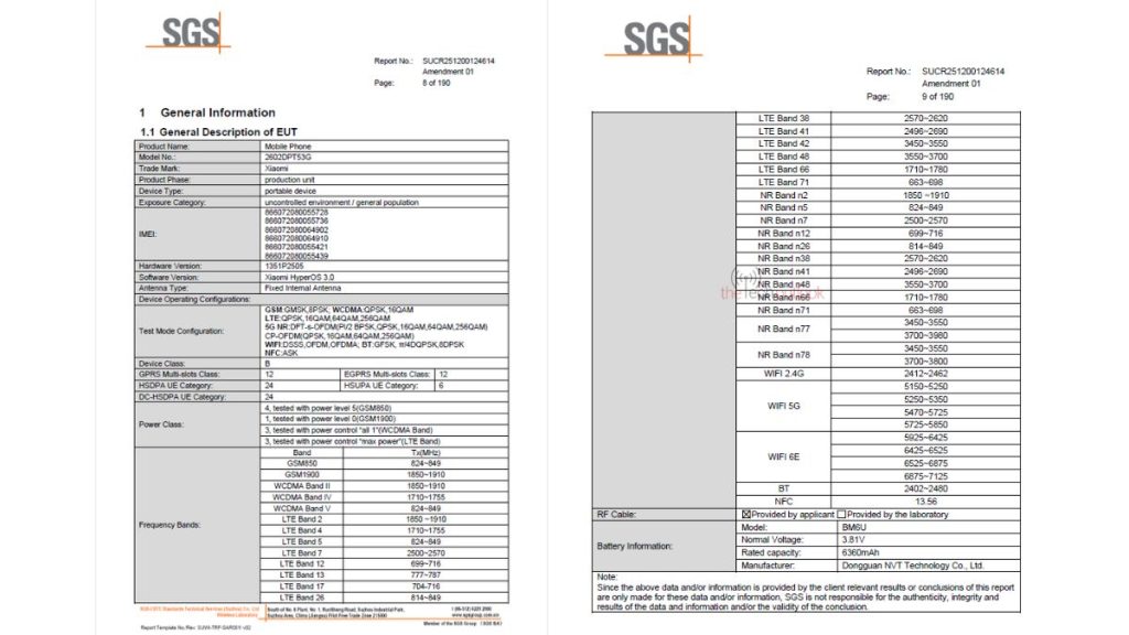 Xiaomi 17T FCC- Connectivity and CHarging specs