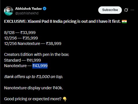 Xiaomi Pad 8 - Pricing Leaked