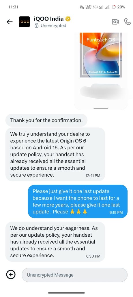 iQOO Z7 Pro will not recieve OriginOS 6 Update- Support Agent Chat