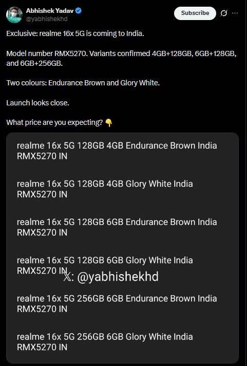 Abhishek Yadav on X for Realme 16X 5G