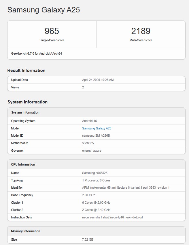 Galaxy A25 Geekbench