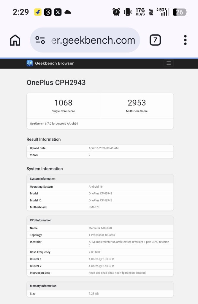 OnePlus Nord CE 6 Lite - Geekbench