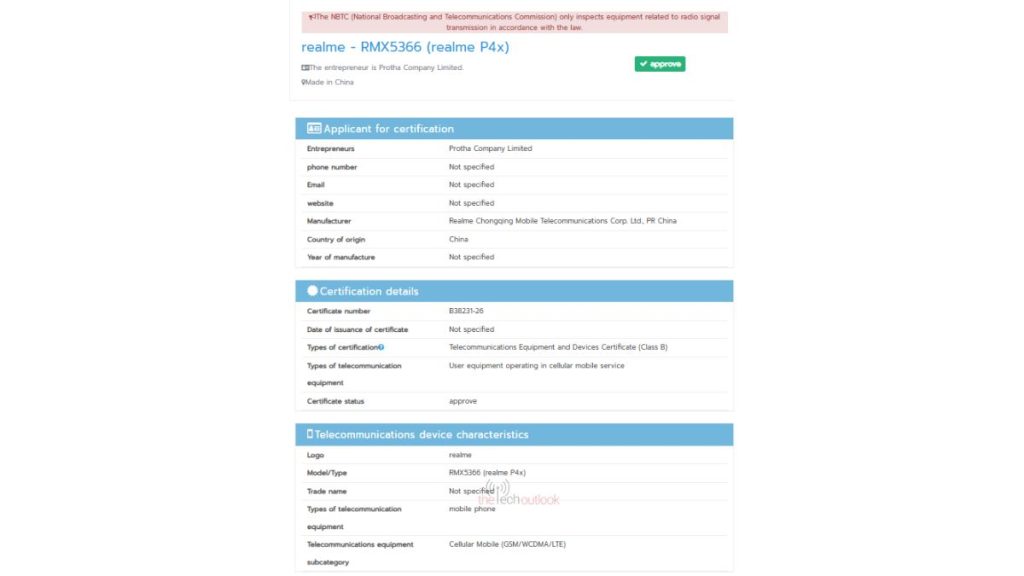 Realme P4x 4G - NBTC