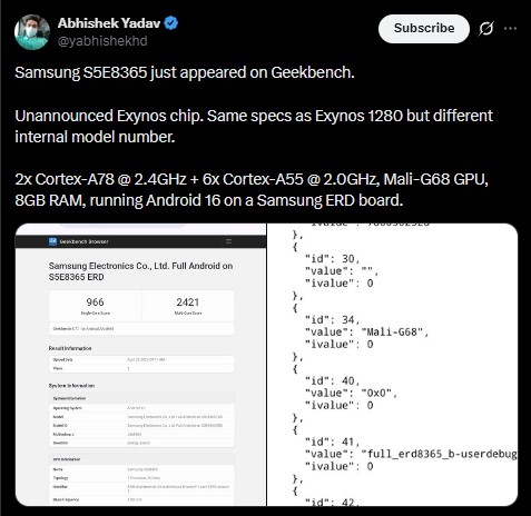 Samsung EXYNOS chispet spotted on Geekbench
