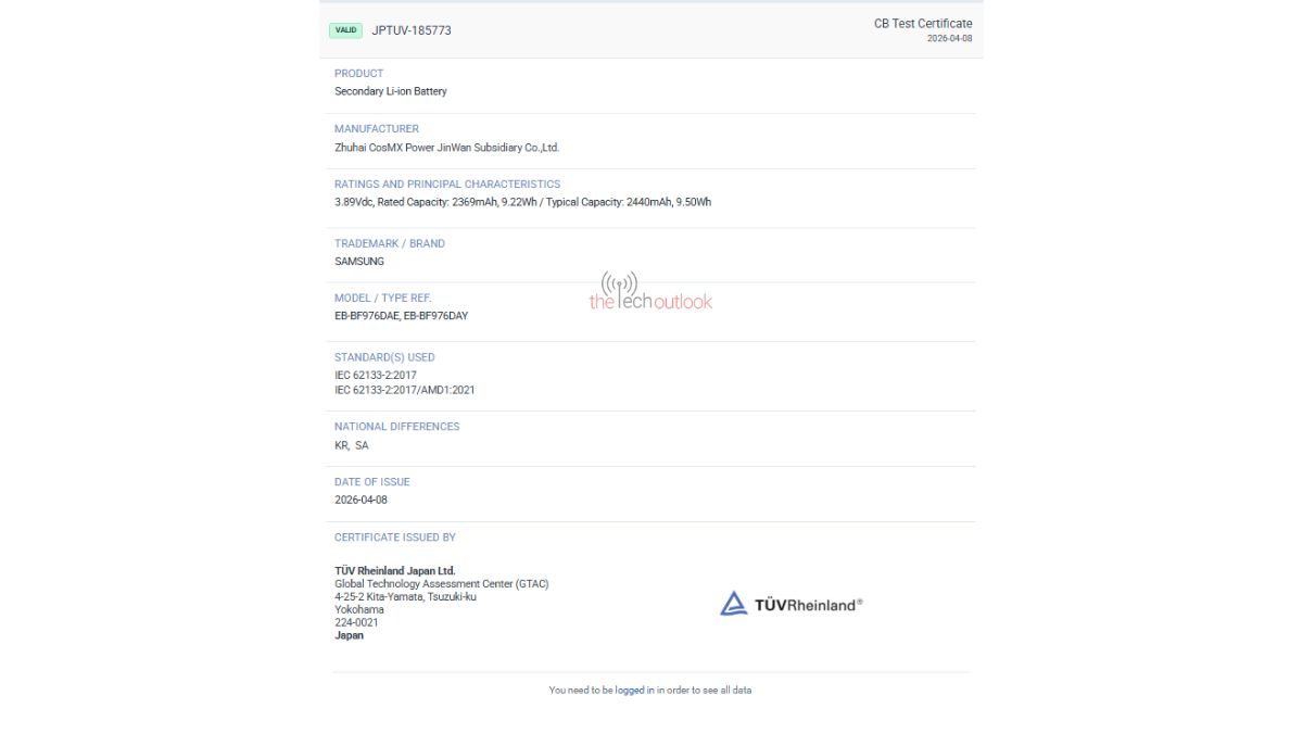 Samsung Galaxy Z Fold 8 - Battery Capacity Revealed via TUV Certfication