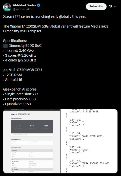 Xiaomi 17T Global Variant on Geekbench