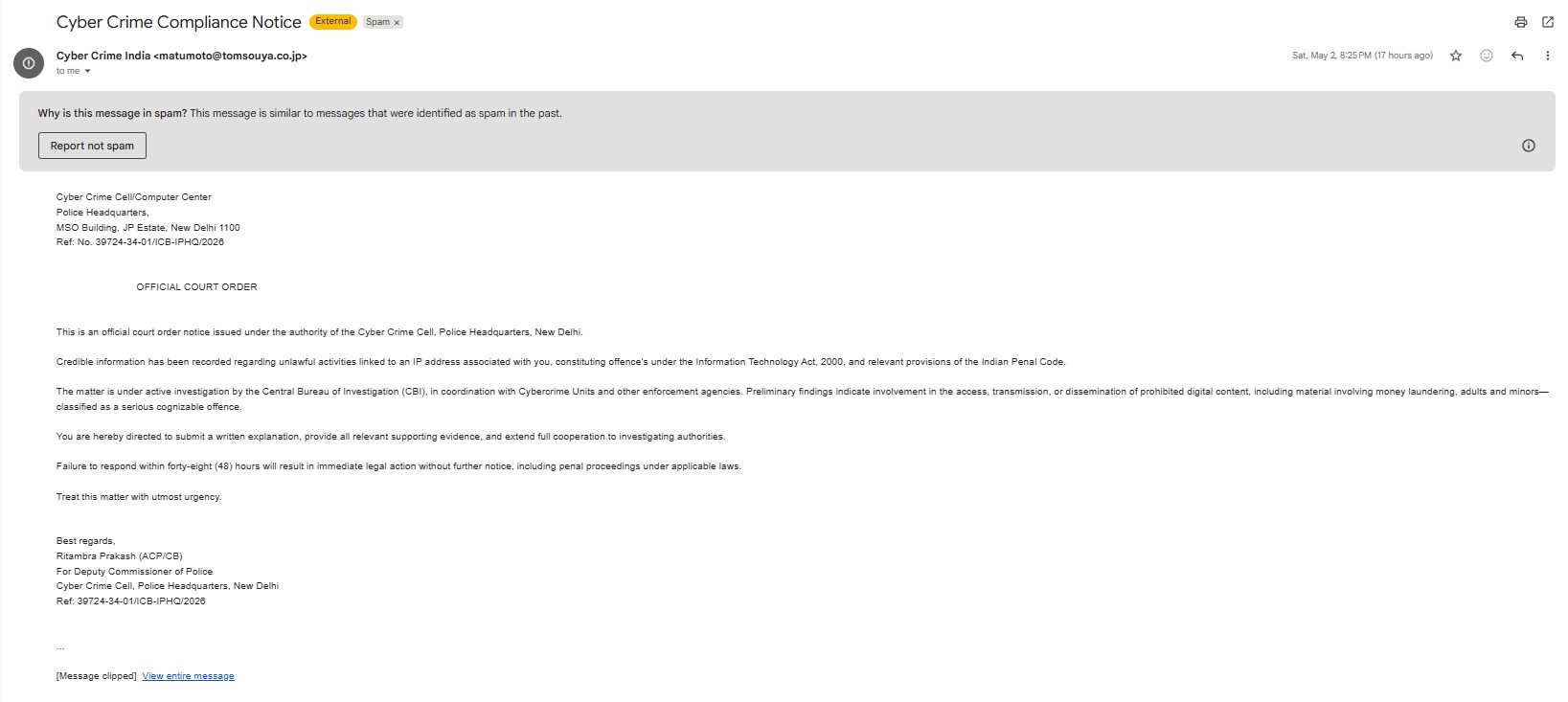 Fake Cyber Crime Notice