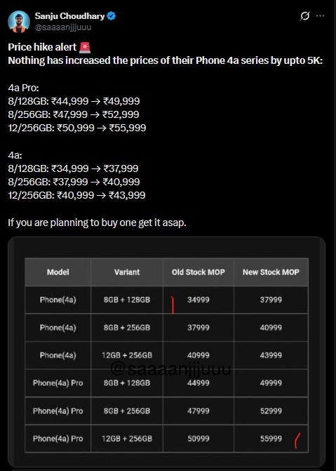 Nothing Phone (4a) and Phone (4a) Pro - Price Hike Second