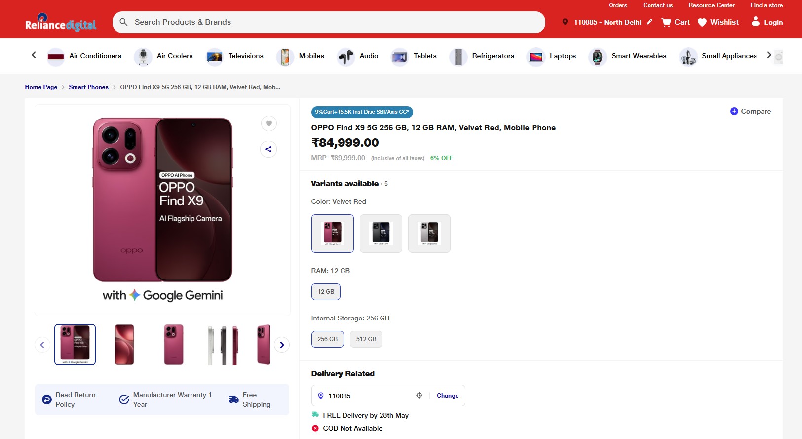 Oppo Find X9 Pricing on reliance Digital 26th May 2026