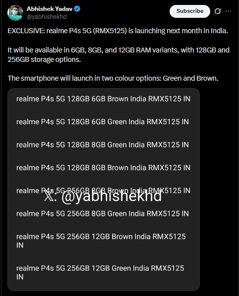 Realme P4s 5G - India Launch Tipped