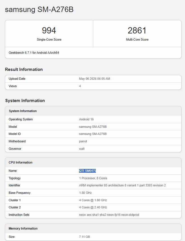 Samsung Galaxy A27 5G - New Geekbench