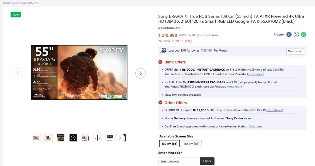Sony BRAVIA 7II True RGB Series 139 cm (55 Inch) TV - ShopatSC
