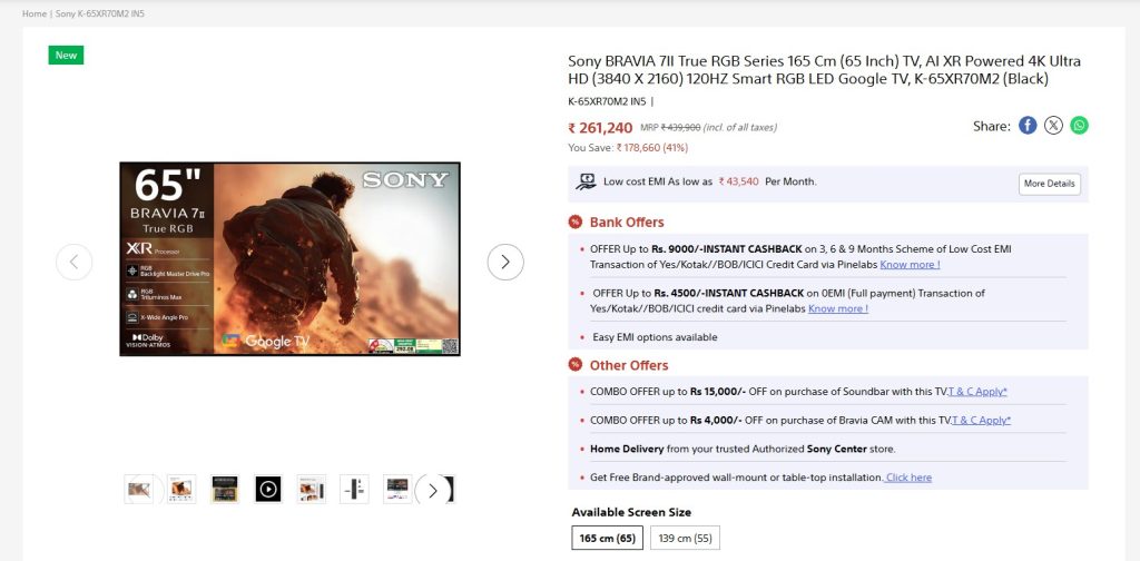 Sony BRAVIA 7II True RGB Series 165 cm (65 Inch) TV - ShopatSC