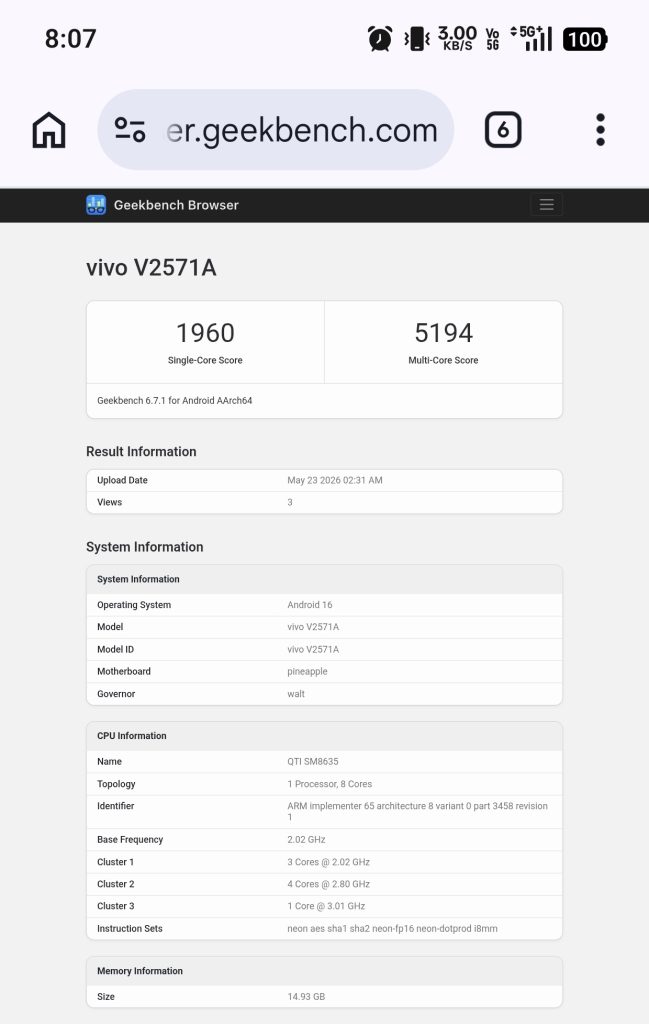 Vivo S60 geekbench