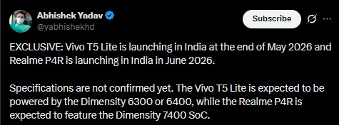 Vivo T5 Lite 5G and Realme P4R 5G - Launch Timeline
