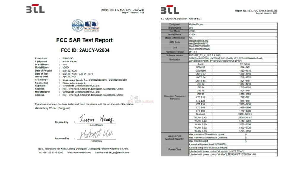 Vivo V2604 - on FCC Network aand other details