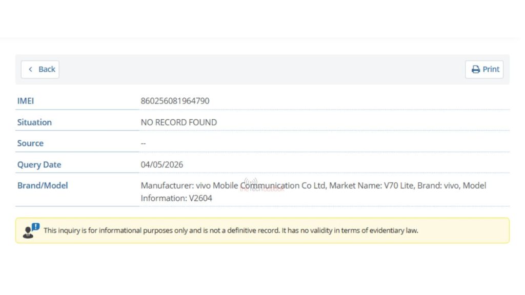 Vivo V70 Lite 4G- IMEI V2604