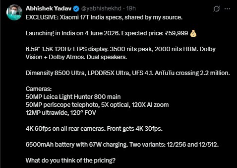 Xiaomi 17T Indian Memory Variants and Pricing tipped