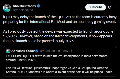 iQOO Z11 - India Launch Again Tipped by Abhishek Yadav