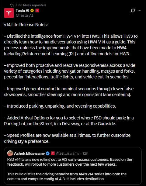 FSD V14 Lite Rollout for HW3 Vehicles