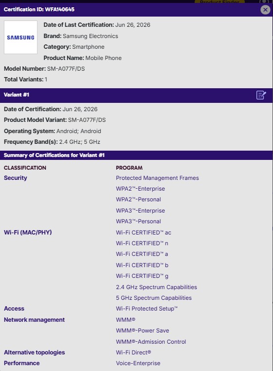 Galaxy A07s - Wifi Alliance