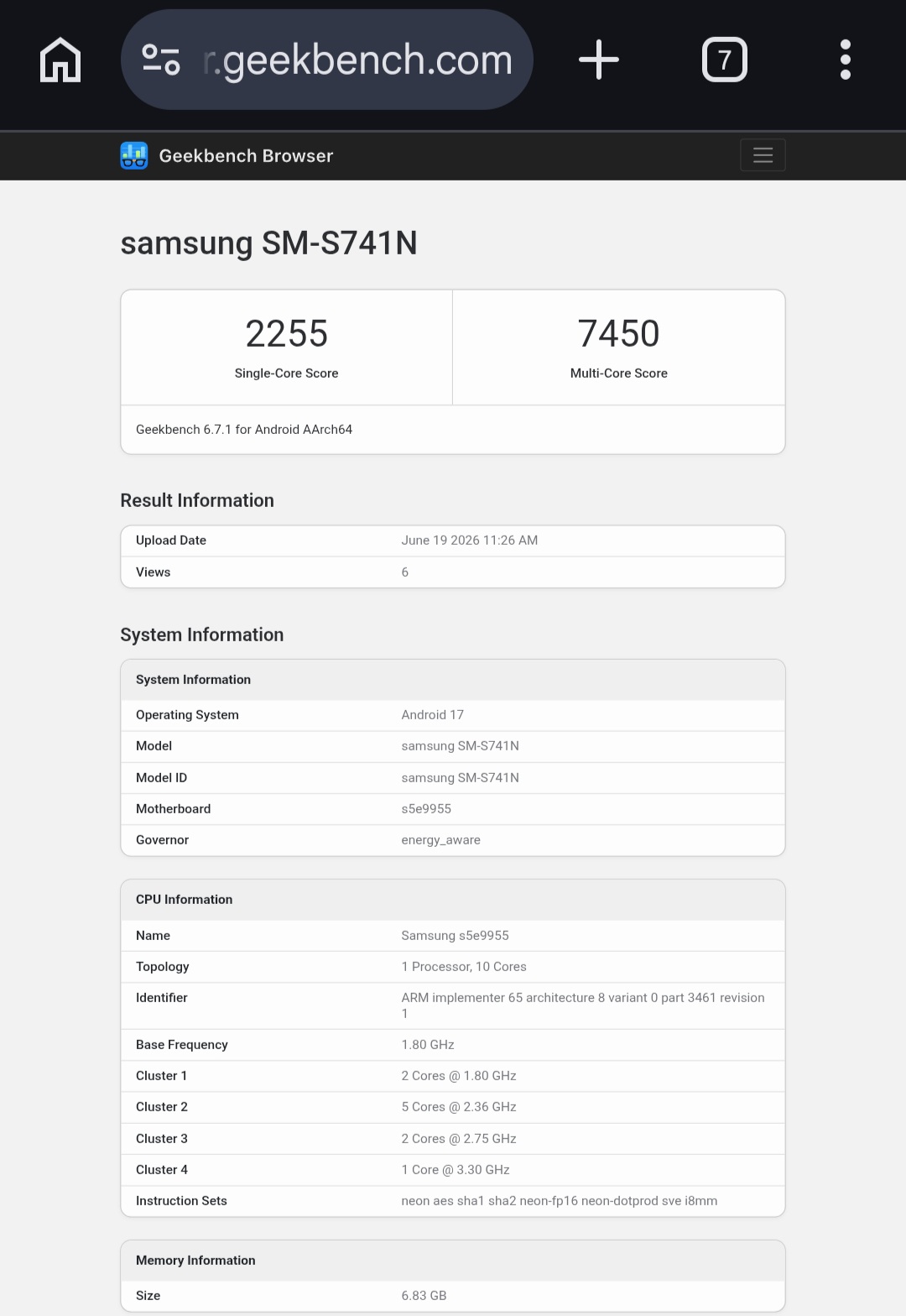Galaxy S26 FE - Soth Korean Variant on Geekbench