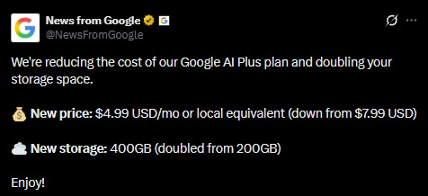 Google AI Plus Plan - $4.99 Per Month