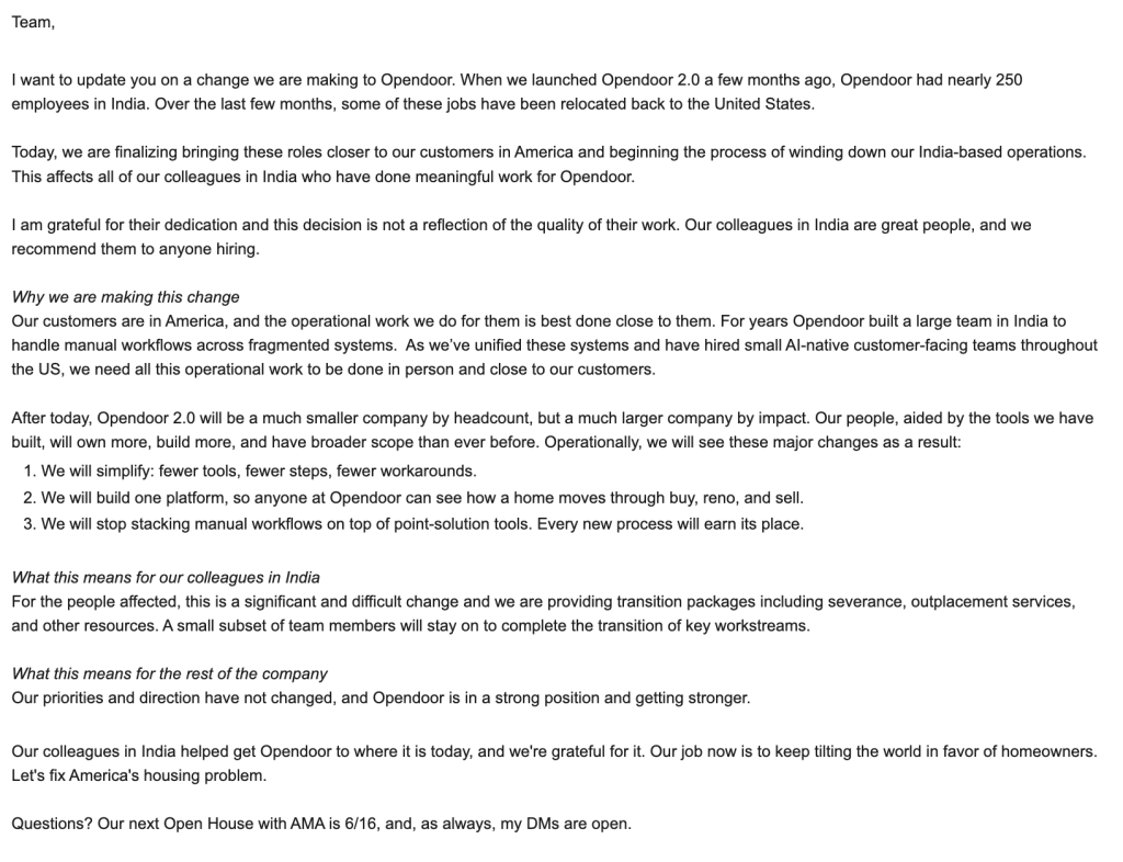 Opendoor Layoff Announcement for India