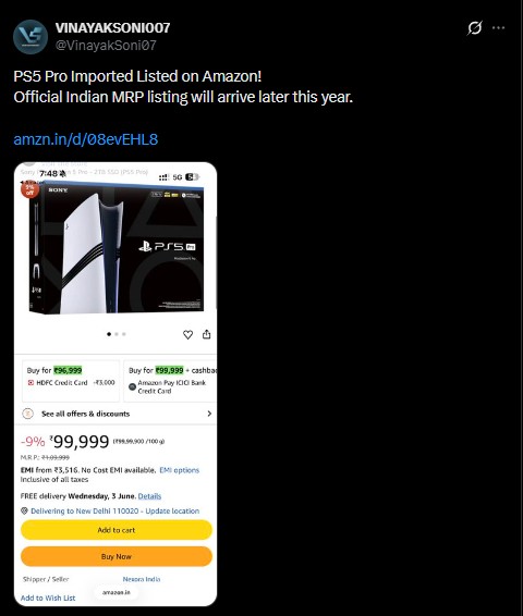 PS5 Pro Listed on Amazon India