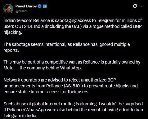 Pavel Durov on X - Telegram BAN