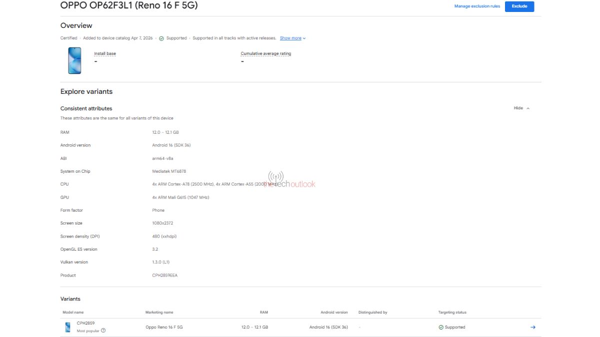 Reno 16 F 5G - Google Play Console