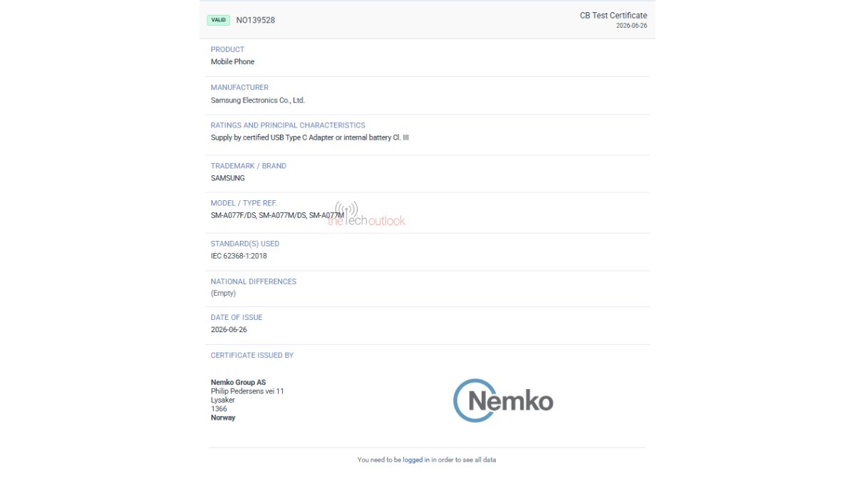 Samsung galaxy A07s - Nemko Certification