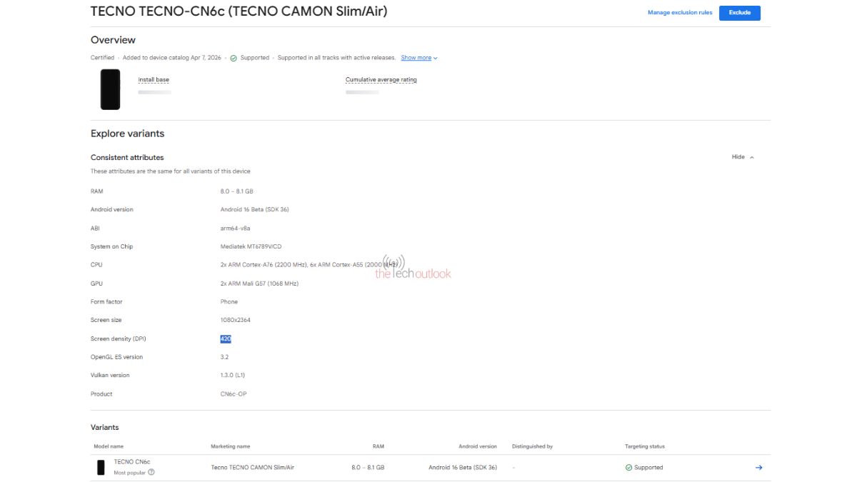 Tecno Camon Slim - Google Play Console
