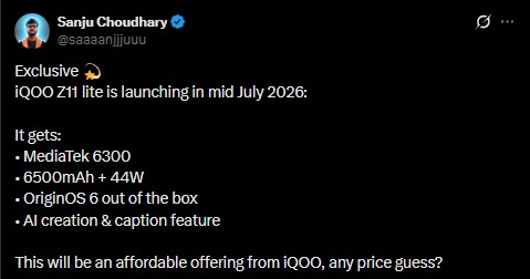 iQOO Z11 Lite 5G - India Launch tipped