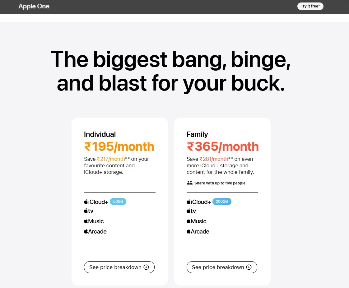 Apple One India Revised Plan on Apple India Website