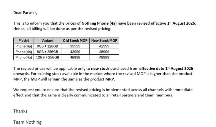 Nothing Phone (4a) - Price Hike